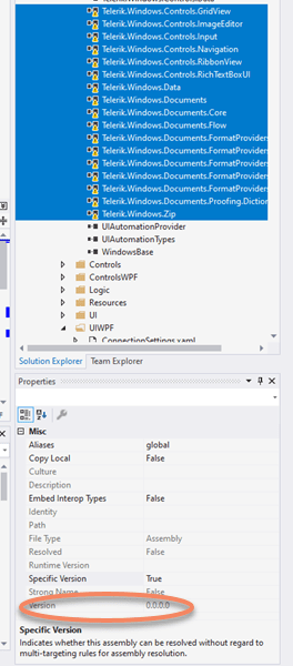 Screenshot Solution Explorer Visual Studio mit fehlenden Telerik-Referenzen