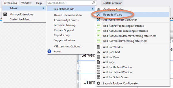 Screenshot Visual Studio Extentions Menü Upgrade-Wizard für Telerik