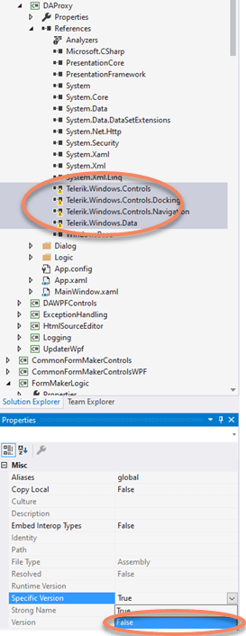 Screenshot Solution Explorder in Visual Studio mit fehlenden Telerik Komponenten