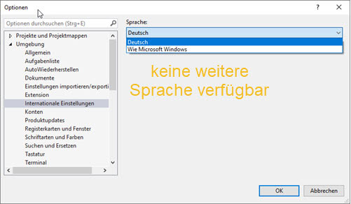 Screenshot International Settings English not available in Visual Studio