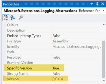 Screenshot Visual Studio Properties window with assembly version 0.0.0.0