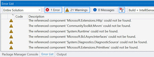 Screenshot Error List von Visual Studio mit der Fehlermeldung The referenced component ... could not be found