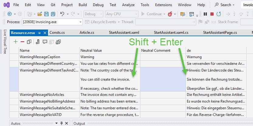 Screenshot wie man einen Zeilenumbruch in Text bzw. String im Resource-Editor von Visual Studio einfügt